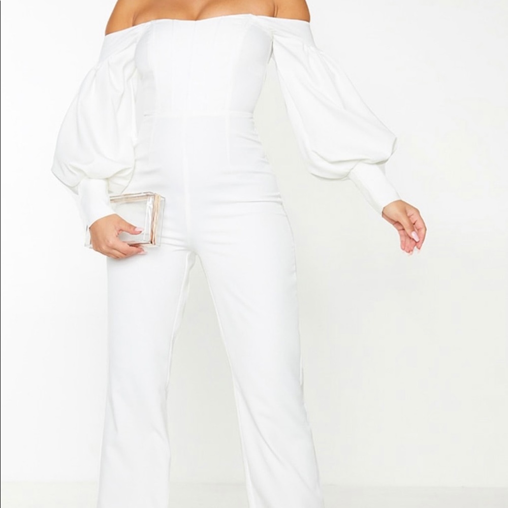 White Bardot ballon sleeve corset jumpsuit